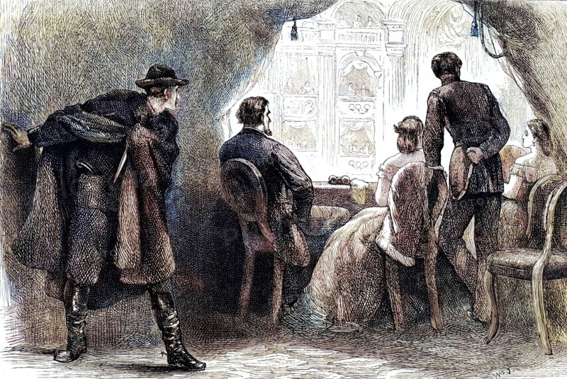 Assassination of President Lincoln, Washington DC, 1865 (c1880). On Good Friday, 14th April 1865, while at Ford's Theatre, Washington, Abraham Lincoln was shot by John Wilkes Booth and died the following morning. A print from Cassell's "History of the United States", by Edmund Ollier, Volume III, Cassell Petter and Galpin, London, c1880. (Colorised black and white print).