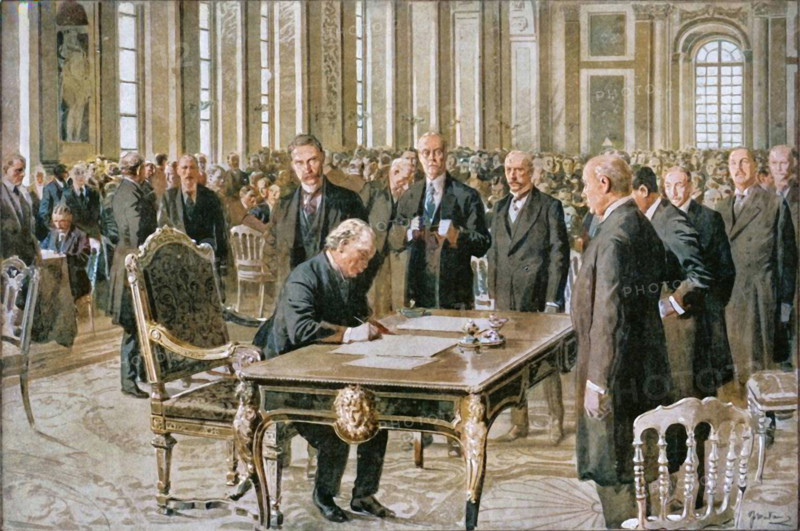 'The Prime Minister of Great Britain Signing the Peace Treaty', 1919. British Prime Minister David Lloyd George signed the Treaty of Versailles, bringing World War I to an end, at Versailles in France on 28 June 1919. From "The History of the Great European War: its causes and effects", Vol. X, by W. Stanley Macbean Knight. [Caxton Pulishing Company, Limited, London, 1919]. (Colorised black and white print).