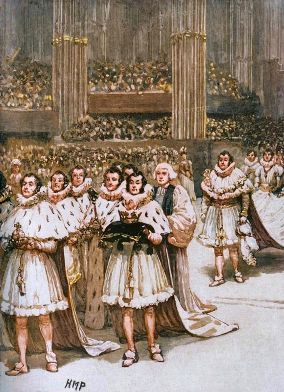Coronation of King William IV: the royal procession, Westminster Abbey, London, 1830 (c1890). From "Cassell's History of England - Special Edition, Vol. V." [Cassell and Company, Limited, London, Paris, New York & Melbourne, c1890]. (Colorised black and white print).