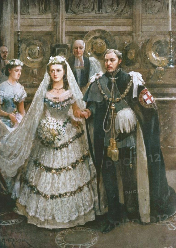 'The Marriage of the Prince of Wales with Princess Alexandra of Denmark in St. George's Chapel, Windsor, March 10th, 1863', (1901). Prince Albert Edward (1841-1910), the future King Edward VII, married Princess Alexandra of Denmark (1844-1925, future Queen Alexandra) at St George's Chapel in Windsor Castle, Berkshire. From "The Illustrated London News Record of the Glorious Reign of Queen Victoria 1837-1901: The Life and Accession of King Edward VII. and the Life of Queen Alexandra". [London, 1901]. (Colorised black and white print).