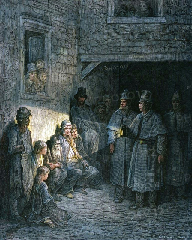 'The Bull's-Eye', 1872. From, "LONDON. A Pilgrimage" by Gustave Dore and Blanchard Jerrold. [Grant and Co., 72-78, Turnmill Street, E.C., 1872]. (Colorised black and white print).