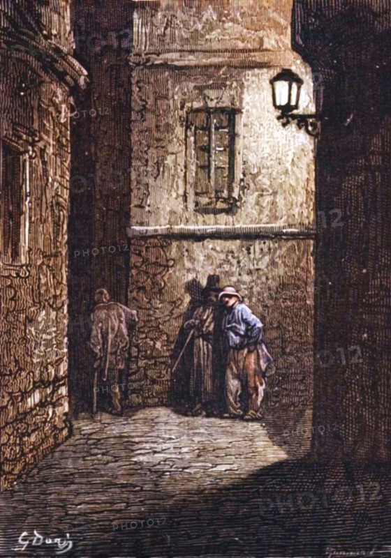 'Whitechapel-A Shady Place', 1872. From, "LONDON. A Pilgrimage" by Gustave Dore and Blanchard Jerrold. [Grant and Co., 72-78, Turnmill Street, E.C., 1872]. (Colorised black and white print).