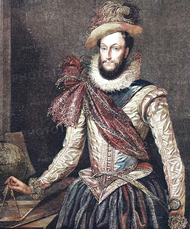 ''Sir Walter Raleigh, 1588', 1888. From, 'The Graphic. An Illustrated Weekly Newspaper Volume38. July to December, 1888'. (Colorised black and white print).