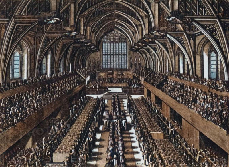 'The Coronation Dinner of James II in Westminster Hall', 1685, (1947). Banquet held in Westminster Hall at the Palace of Westminster in London, to celebrate the coronation of King James II. From "The House of Commons", by Martin Lindsay M.P. [Collins, London, 1947]. (Colorised black and white print).