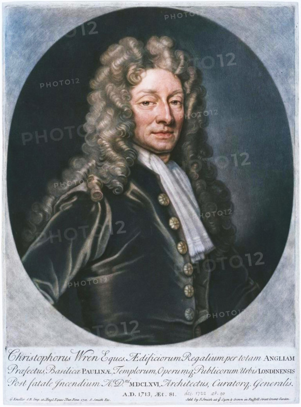 Sir Christopher Wren, 1713. (Colorised black and white print).