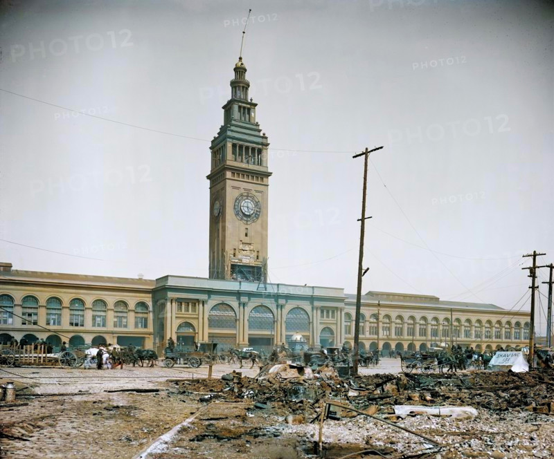 Ferry Building, San Francisco, Cal., c1906. (Colorised black and white print).