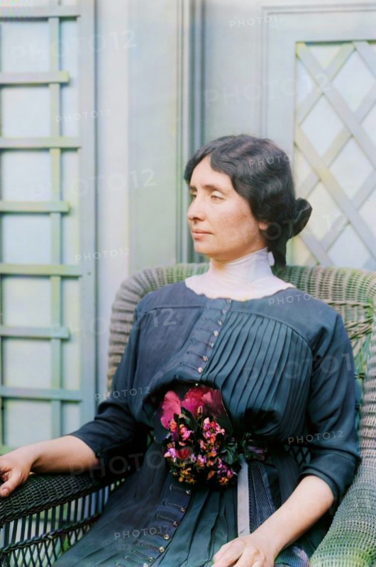 Helen Keller, 1913. Shows Helen Keller (1880-1968) possibly at the International Flower Show, New York City, April 1913. (Colorised black and white print).