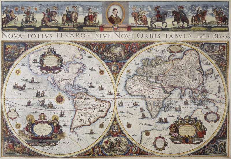 Map of the world, 1680. 'Nova Totius Terrarum Sive Novi Orbis Tabula'. Map showing the world in two hemispheres; on the left the Americas, and on the right Europe, Africa and Asia. Above are figures on horseback, a portrait in the centre, and a Latin inscription below. More Latin text appears in decorated frames.