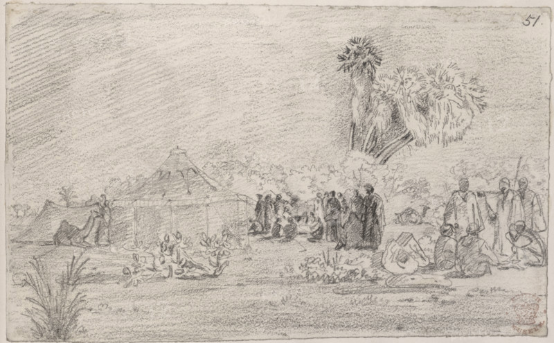 Tribesmen and tent. A group of men, possibly Arabs, at an encampment with a camel tethered near the tent.