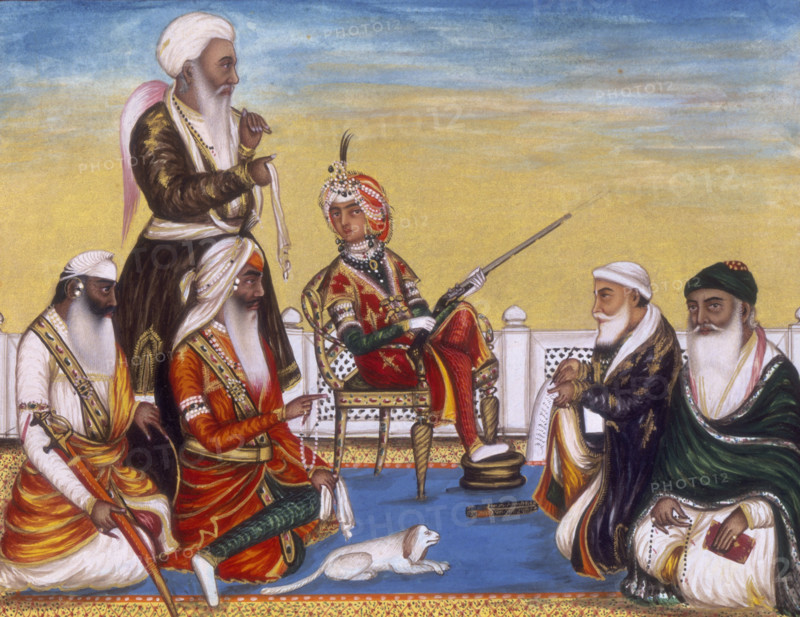 The durbar of December 1845; the Maharaja Dalip Singh is seated on a chair holding a gun, a pet lap dog at his feet and an attendant with a fly-whisk behind him. On the Maharaja's left is Diwan Dina Nath and Fakir Nu ud-Din holding a book and prayer-beads.