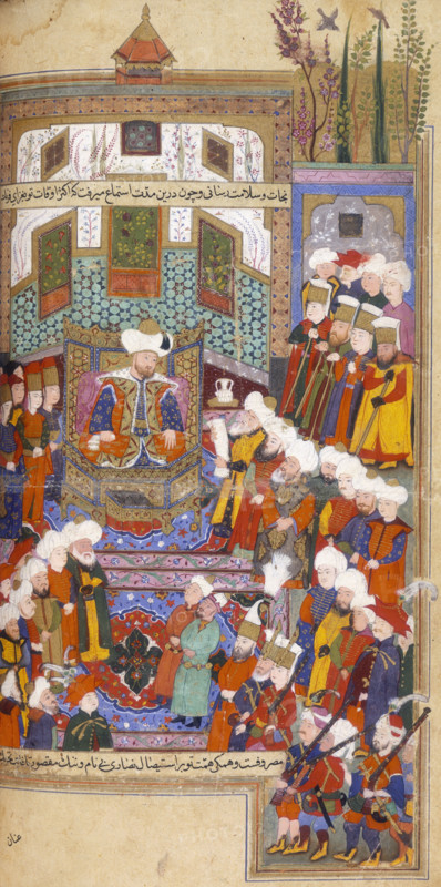 Timur's envoy reading a letter to Bayezid, 1599. Bayezid is enthroned, surrounded by the Ottoman court. From "Revzet us-safa" by Ali ibn Mehmed ut-Tustari.