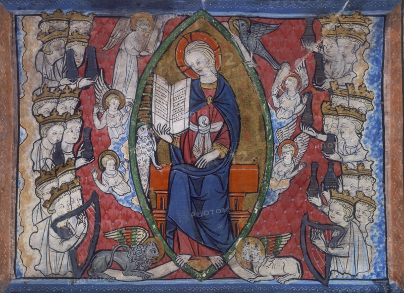 A seated woman surrounded by angels, 14th century. Either side crowned heads present her with offerings, and play harps. Two winged creatures lie at her feet. She holds an opened book in her right hand, and looks down at a small creature, possibly a lamb.