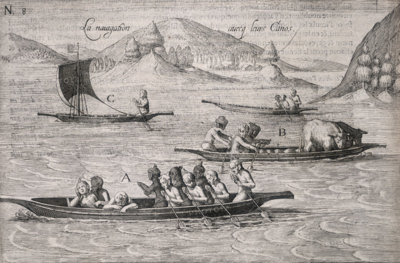 People paddling a canoe, 1605. Indigenous people and animals on a lake or bay surrounded by hills. From "Description et Recit Historial du riche Royaume d'or de Gunea [or Guinea], aultrement nomme´, la coste de l'or de Mina" by Pieter de Marees.