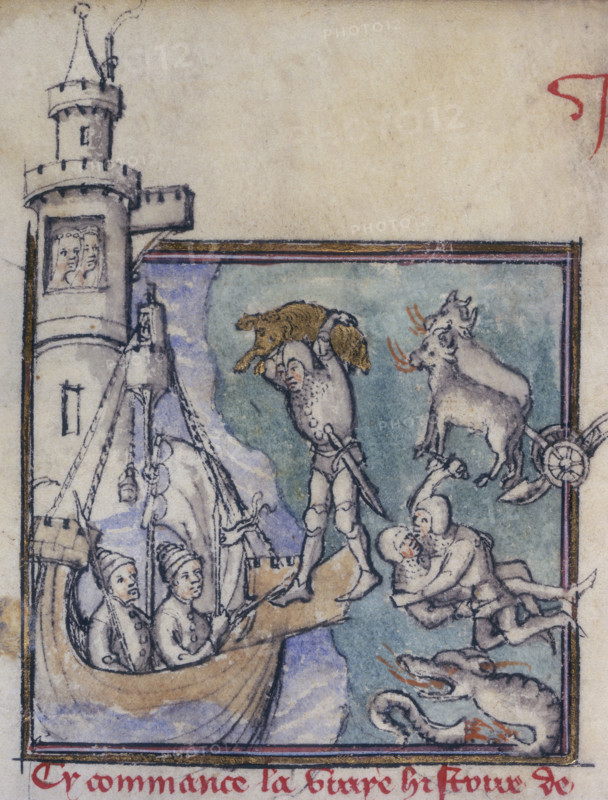 The exploits of Jason and the Argonauts, c1400-c1415. Jason carries the golden fleece on his back and steps aboard his ship. Behind him two men are fighting and a dragon lets out a roar of fire. Two women watch from the window of a tower.