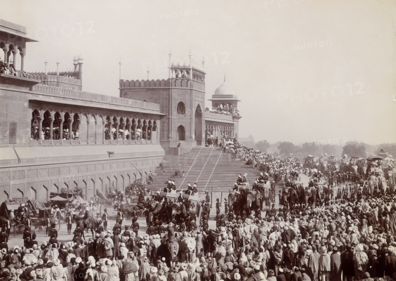 State entry into Delhi, India, 1902. An elephant procession of the Viceroy's staff in front of the Red Fort.