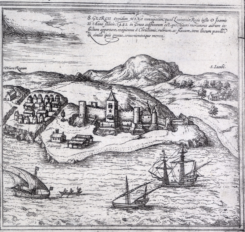Map of Mina (or Myna), West Africa, 1572. A walled town and surrounding villages, with ships off the coast.