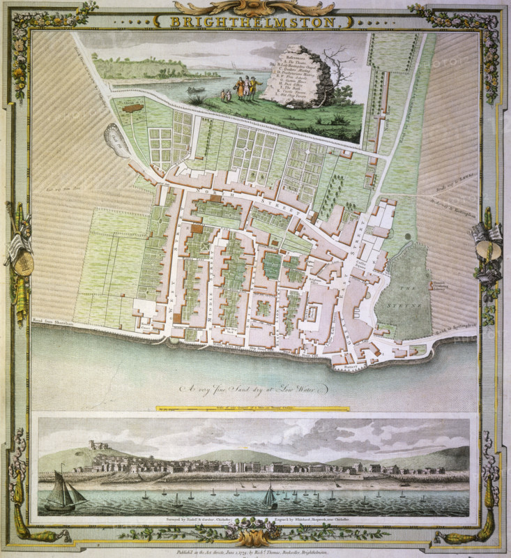 Map of Brighton, East Sussex, 1779. A street plan of 'Brighthelmston', the old name for Brighton, with a view of the beach and seafront below.