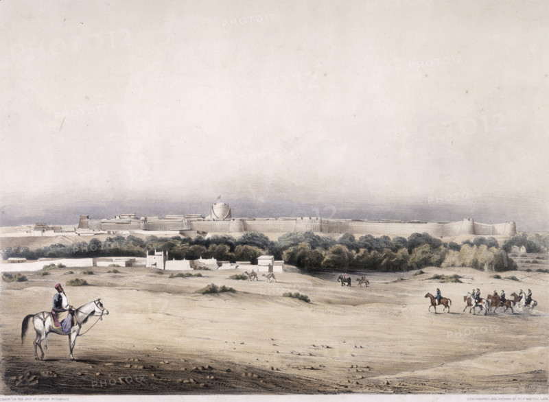 Hyderabad, India, 1811. Horsemen before a walled city.
