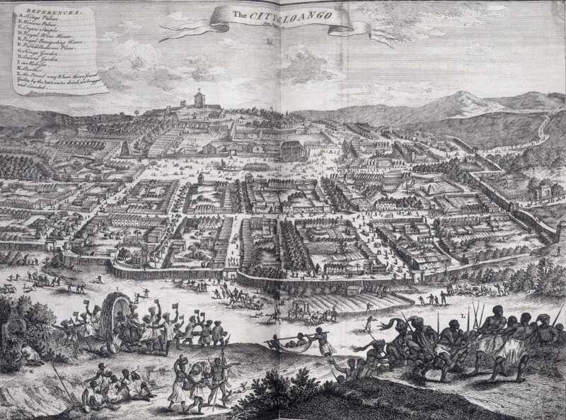 The city of Loango, Africa, 1745. 'A. Kings Palace; B. Womens Palace; C. Cryers Steeple; D. Royal Wine House; E. Royal Banqueting House; F/ Publick Audience Place; G. Kings Garden; H. Queens Garden; I. a Mokisso; K. Another; L. the Broad way Where those found Guilty by the Imbondo drink, are dragged and Executed'.