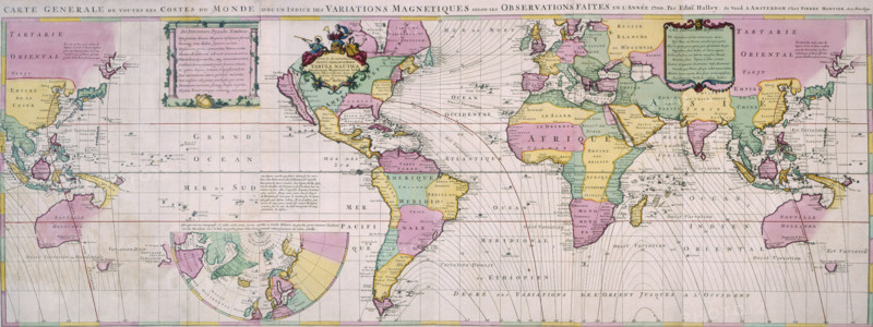 Map of the World, c1701. Nautical table showing magnetic variations. The phenomenon of magnetic variations was noticed during the first ocean voyages in the 1490s, but it was not understood. It was Edmond Halley who from 1698-1700 undertook an Atlantic voyage to measure the variations and plot them systematically. After 1700, a version of this chart was part of the navigator's essential equipment.