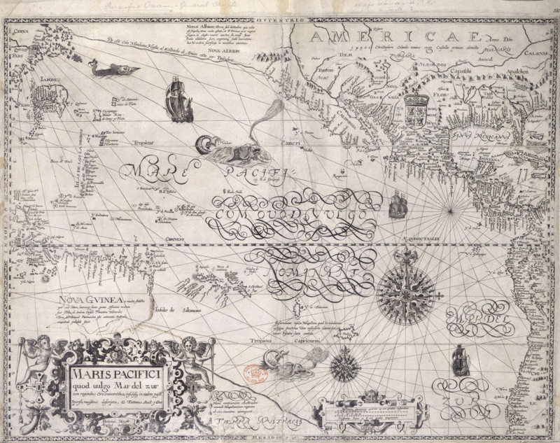 Map of the Pacific Ocean, 1600. Showing the tropics of Cancer and Capricorn; China; Japan; New Guinea; what is now the United States; Central America including Nicaragua and Mexico; Peru; Chile. Also showing sea monsters, ships, indications in Spanish of natural resources, eg silver mines in Japan, with a compass and a scale.