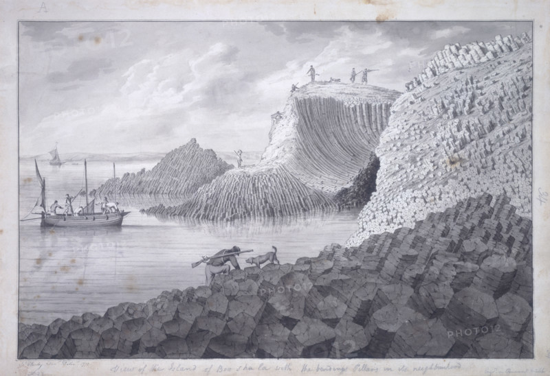 'View of the island of Bou Shala with the bending pillars in its neighbourhood', 1772. A party of men examining strange geological formations of pentagonal-shaped pillars of basalt. These were probably formed by lava being forced out through fissures and cooling into these unusual shapes, like the Giant's Causeway in Ireland. 'Bou Shala' (or Boushaler') is a misspelling of 'Buachaille', which is a small islet or rocky outcrop just east of the Isle of Staffa in Scotland known for its dramatic basalt columns and Fingal's Cave.