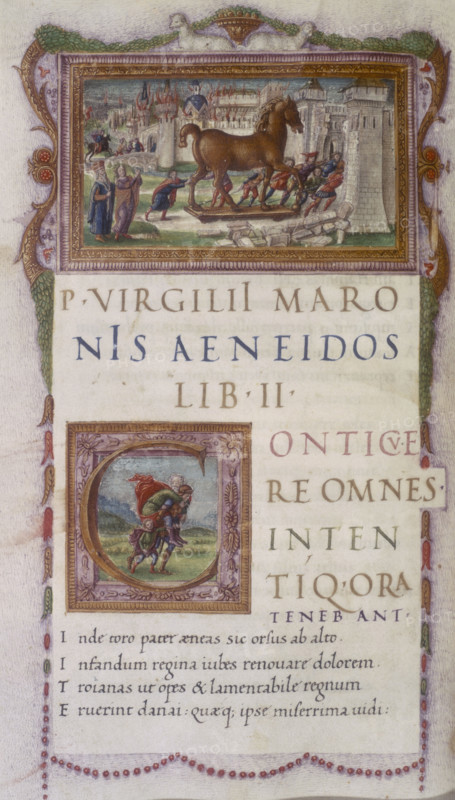 The wooden horse entering the gates of Troy, 1490. Men are pulling the horse through the city gates. Within the illuminated letter C  Anchises is being carried from the city of Troy by his son Aeneas, after it had been destroyed by the Greeks.