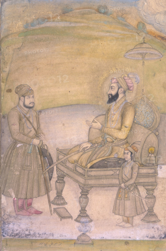 Aurangezeb enthroned, (second half of the seventeenth century?). The bearded Mughal emperor sits on a throne which has a parasol attached to the back. He is shown in profile with a halo.