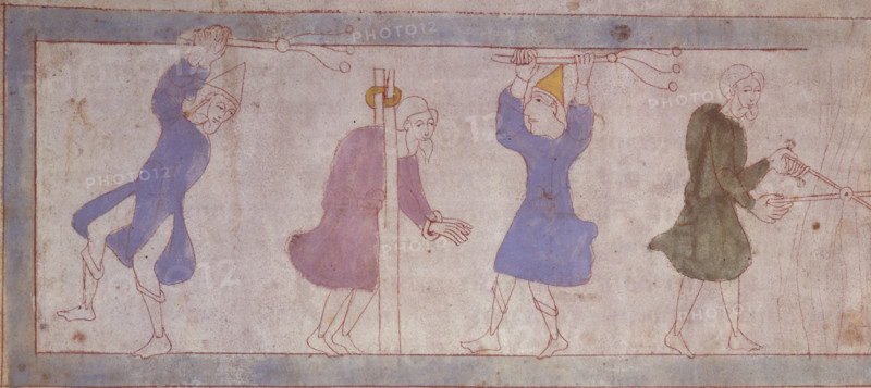 A man in the stocks being whipped, c1025-c1050. He stands in the stocks with his hands bound. Two men stand either side of him with whips in their hands. From the Old English Illustrated Hexateuch. This is a translation of the first six books of the Old Testament.