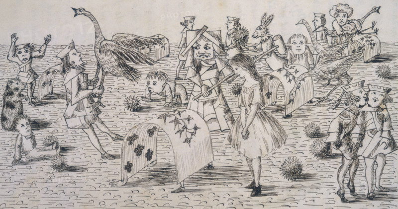 Alice and the Red Queen playing croquet, c1863. From "Alice's Adventures Under Ground", written and illustrated by Lewis Carroll. It was later rewritten and published as "Alice's Adventures in Wonderland".