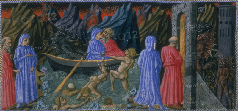 Dante and Vergillius, c1300-c1321. On the far left Dante and Virgil are on the bank of a river. In the centre they are crossing the river with a monster rowing the boat. The river is full of tortured souls, one of whom is trying to get into the boat. On the right they are at a gate, behind which are devilish monsters. Dante was a great admirer of Virgil, and in his work The Divine Comedy, Virgil  accompanies Dante through Purgatory and Inferno. From "Divina commedia" (The Divine Comedy).