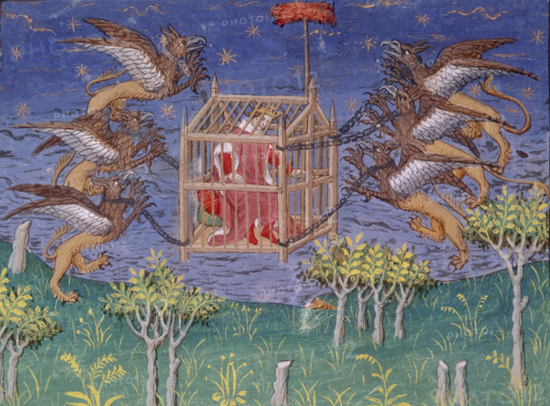 Alexander the Great, in a cage, being carried aloft by griffins, Paris, c1420-1425. Legendary scene. Wishing to see the world, Alexander harnessed two large griffins between which he was seated. He would hold meat skewers above their heads to entice them to keep flying further up.