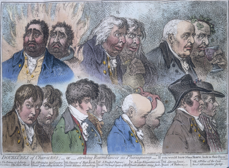 'Doublures of characters; or striking resemblances in phisiognomy', 1798. Seven double portraits of Jacobin sympathisers, with the image behind each man supposedly revealing his true nature or fate. From "The Anti-Jacobin Review".