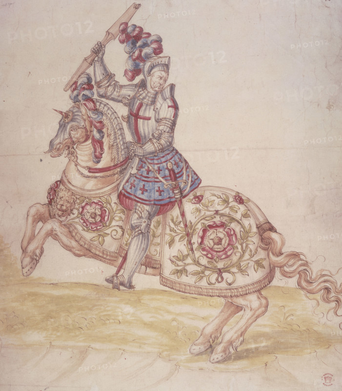 Mounted knight, fourteenth century. A knight with the cross of St George holds a broken lance. His horse has a spiked face-plate and its covering is decorated with lions and with the red rose of the House of Lancaster.