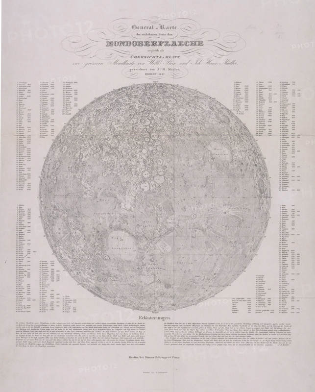 Map of the Moon with tables, 1837.
