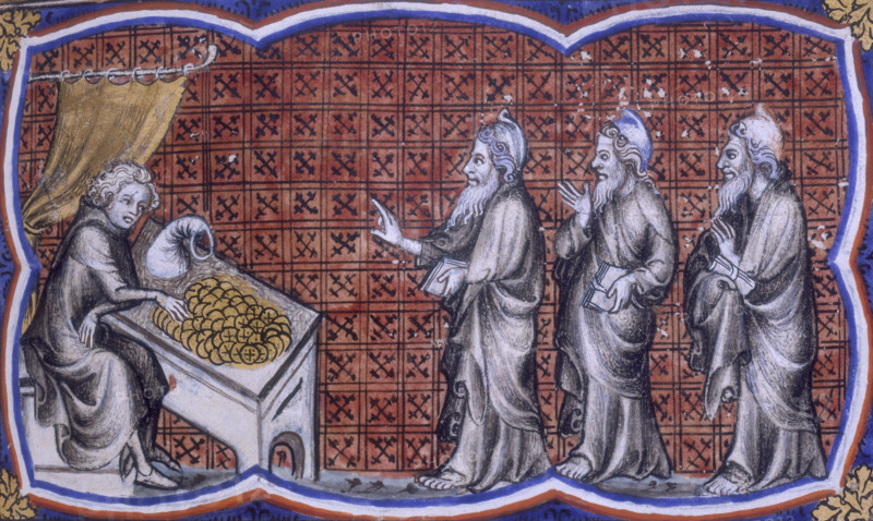A scene from the Bible Historiale, 1357. A man counts a pile of money on a table, a money bag next to the coins. Three men line up on the right holding books and rolls of parchment.