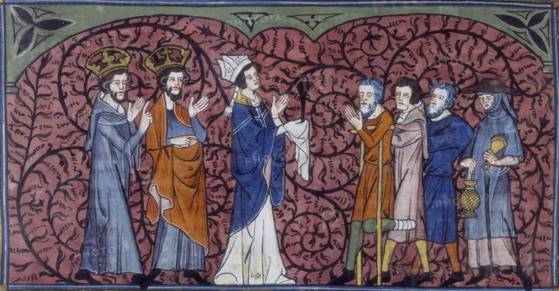 A Bishop and clergy greeting beggars and pilgrims, c1325-c1350. The first beggar is on crutches, the third has a humped back. The fourth appears to have wounds on his face and hands - he may represent a leper. From "Chronique de St Denis".