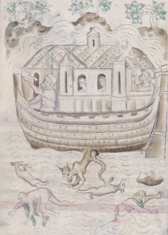 Noah's ark, c1300-c1325. Noah on the left hand side of the ark is releasing the birds to find out if the floodwater is receding. On the right hand side of the ark, the dove has retruned with an olive branch indicating that the waters are indeed receding. Two of Noah's sons are looking out of the ark's windows. Behind the ark are trees on the very tops of mountains. Animals and men who did not board the ark are drowning in the waters.