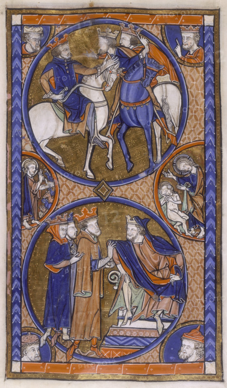 Three kings conferring, c1265-c1270. In the top circle the kings are on horseback and appear to be in a heated discussion. In the bottom circle the three kings approach another king who is sitting on a throne. In a semi circle on the left a saint is blessing a group of animals. On the right the same man is gesturing to a naked figure.