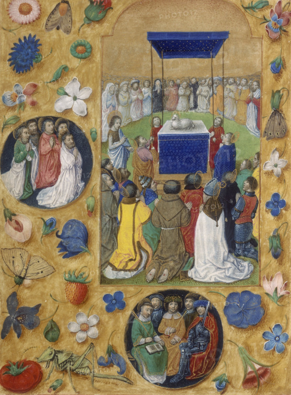 Adoration of the lamb, c1480-c1500. The mystic lamb is seated on an altar, and is encircled by people kneeling before it in the act of adoration. Members of the clergy including monks, priests and bishops are in the foreground. The image is bordered with flowers, fruit, and insects. In a circle on the left a group of holy figures kneel in prayer.
