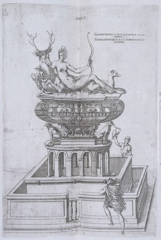 The Fountain of Diana at Anet, 1607. The goddess of hunting reclines, her arm round a stag. On her brow she wears the crescent moon, and holds a bow, with a dog at her feet.