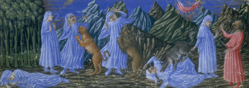 Inferno, Canto I, 1442-1450. Dante asleep in front of the dark wood; Dante looks at the rays of the sun; Dante attacked by the leopard, the lion, and thrown down by the she-wolf; Dante meets Virgil, Beatrice descending from above. Dante was a great admirer of Virgil, and in his work The Divine Comedy, Virgil accompanies Dante through Purgatory and Inferno. From "Divina commedia" (The Divine Comedy).
