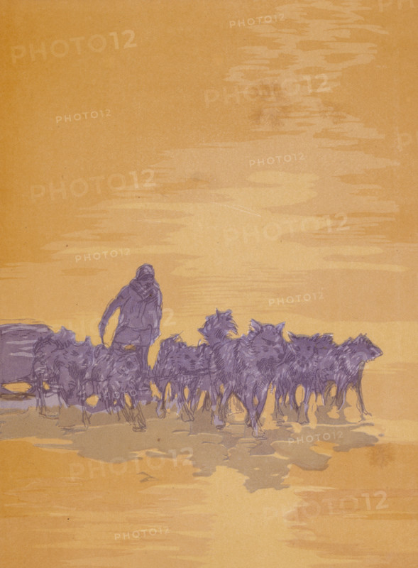 A man with wolves; scene from "The Jungle Book", 1919. From a French translation of "The Jungle Book" by Rudyard Kipling.