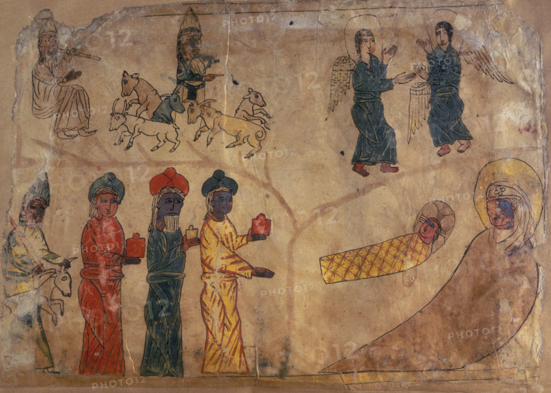 Scenes from the life of Christ, 1317. The Three Kings, bearing gifts, approach the Infant Jesus and his mother, bottom. From the Four Gospels, written in Armenian.