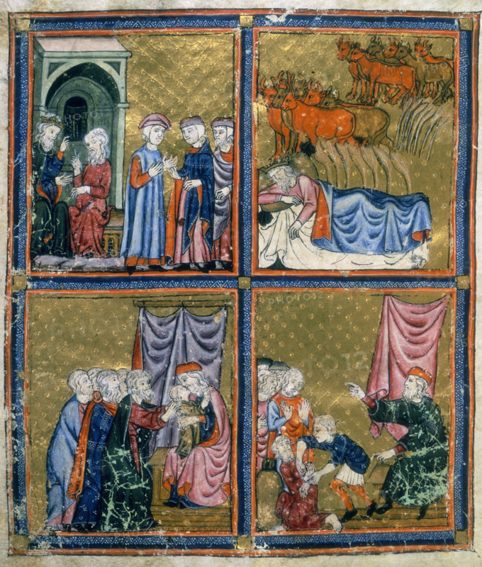 Joseph and the Pharaoh, c1300-c1330. In the top left Joseph is interpreting the  pharoah's dream. In the top right the pharoah is dreaming of the fat and thin cattle. Joseph interprets this dream to mean that there would be seven years of good harvest followed by seven years of famine. During the seven years of good harvest the Egyptians store food for the famine years, and therefore survive, unlike their neighbours. In the bottom left corner is Joseph with his brothers. At bottom right a man orders a second man to be bound and led away. From the Golden Haggadah, a Hebrew service book read on Passover Eve. Northern Spain.