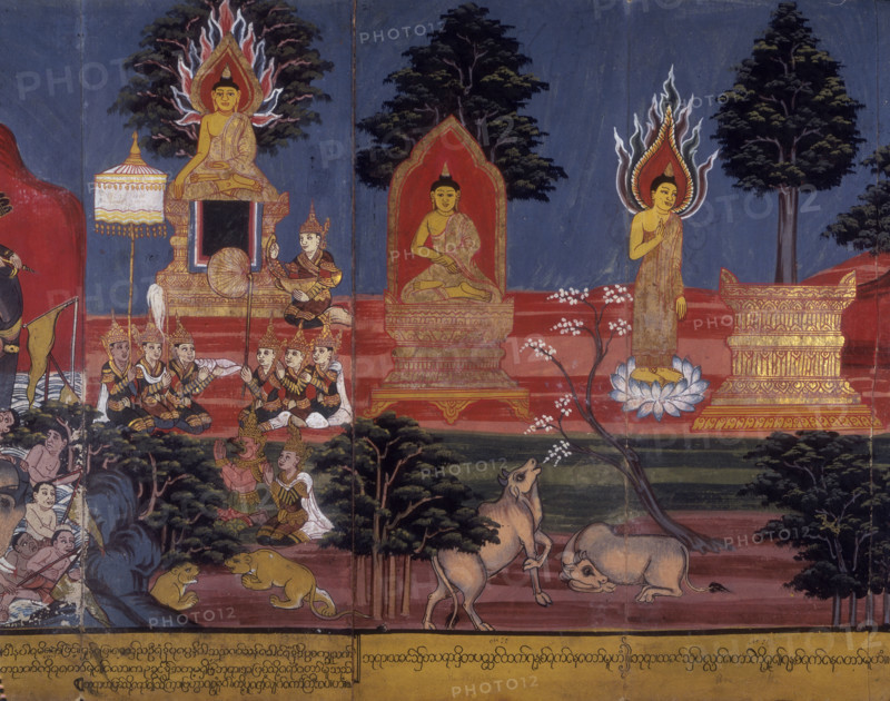 Buddhist deities, 19th century. A group kneeling on the left hold a fan and a shell, a symbol of Buddhism. From an illustrated Burmese folding book, depicting the life of Buddha.