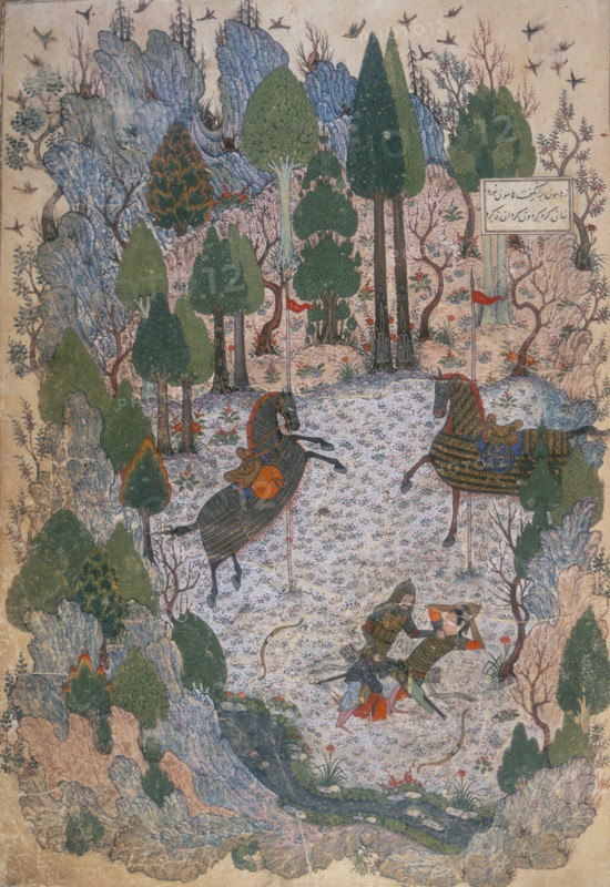 Humay recognising Humayun as she removes her helmet after their fight, 1396.  From a set of nine miniatures illustrating Three poems by Khvaju Kirmani, namely Humay u Humayun, Kamalnama and the Rauzat al-anvar).