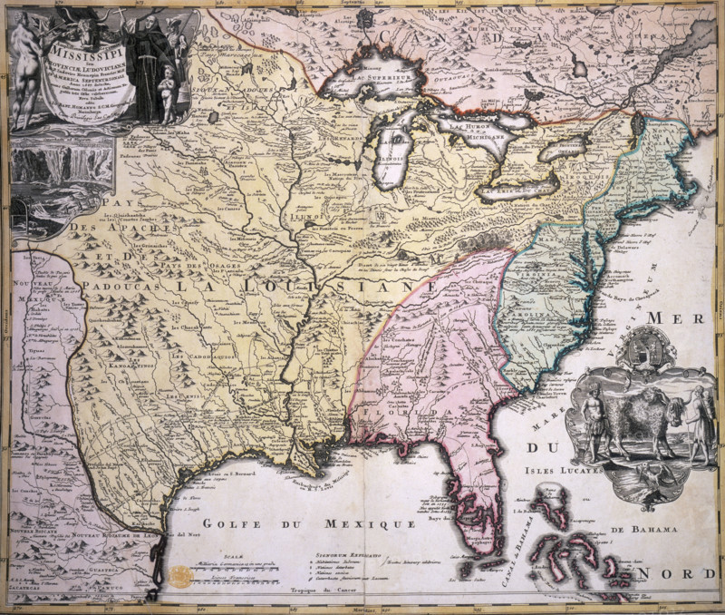 Map of North America, late 17th-early 18th century. Map in French and Latin showing the states of Louisiana, Florida and others, with illustrations of the Niagara Falls, and Native Americans with a buffalo, looking more like a Highland bull.