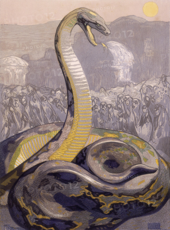Kaa, the snake, 1919. Kaa rears up, his forked tongue protruding, as the apes cower in fear. From a French translation of "The Jungle Book" by Rudyard Kipling.