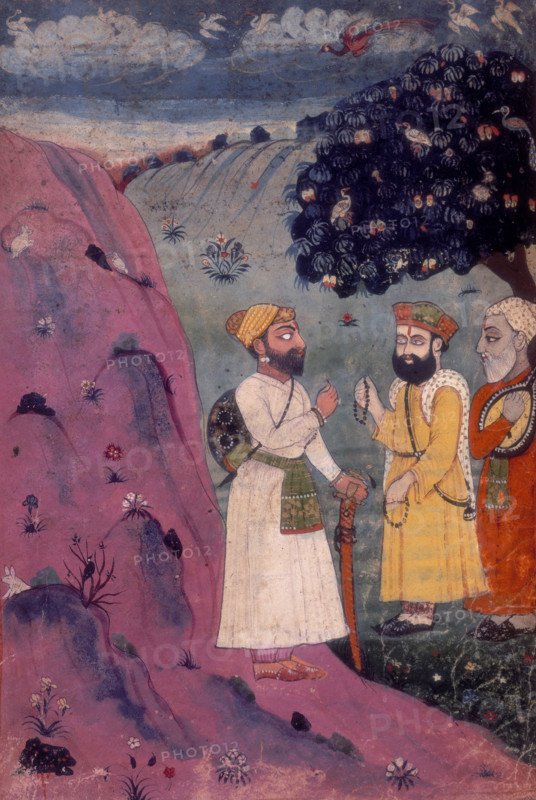 Guru Nanak, manuscript painting, early 18th century. Guru Nanak, the founder of Sikhism, and his constant companion Mardana (with a musical instrument) encounter a robber (the man with a sword) along the road. According to the story accompanying the painting, that experience persuaded the robber to abandon his wicked ways and become a follower of the Sikh path.